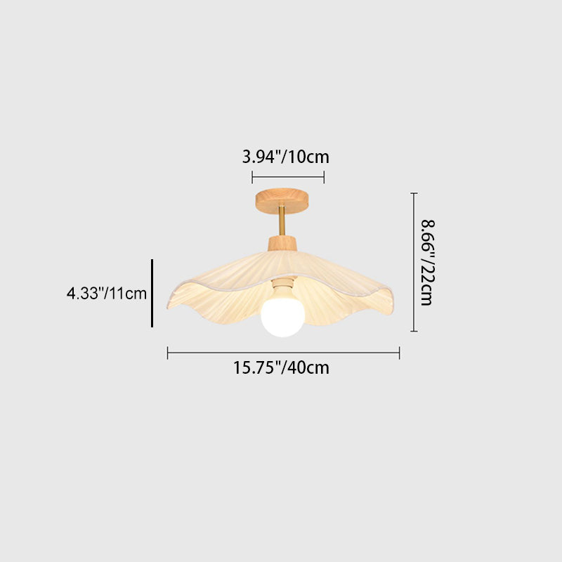 Modern Minimalist Round Flower Wooden Fabric Shade 1-Light Semi-Flush Mount Ceiling Light For Living Room