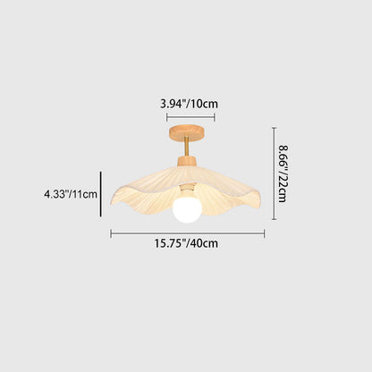 Modern Minimalist Round Flower Wooden Fabric Shade 1-Light Semi-Flush Mount Ceiling Light For Living Room