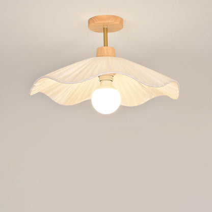 Modern Minimalist Round Flower Wooden Fabric Shade 1-Light Semi-Flush Mount Ceiling Light For Living Room