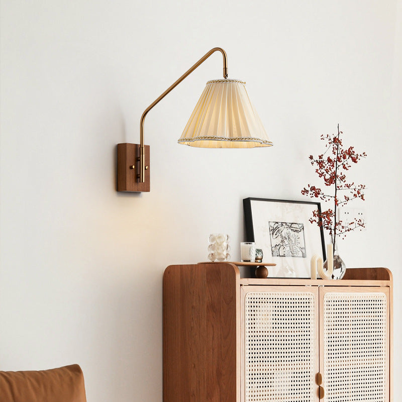 Japanese Fabric Shade Wood Iron 1-Light Wall Sconce Lamp