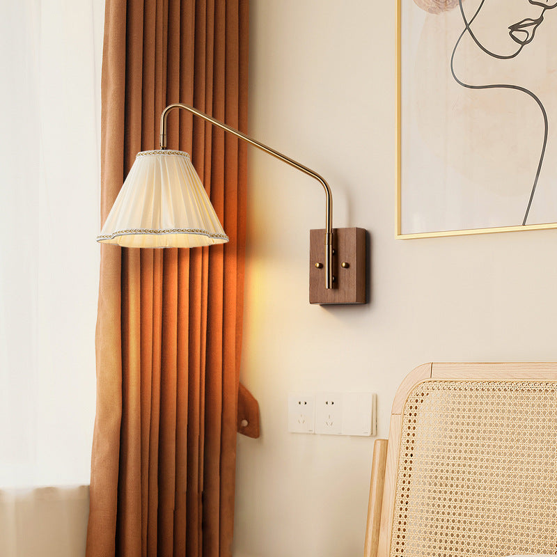 Japanese Fabric Shade Wood Iron 1-Light Wall Sconce Lamp