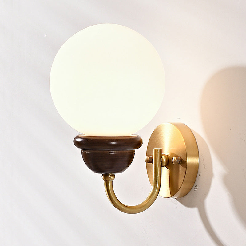 Curved Wood Frame Glass Shade 1-Light Wall Sconce Lamp