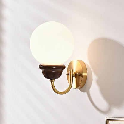Curved Wood Frame Glass Shade 1-Light Wall Sconce Lamp