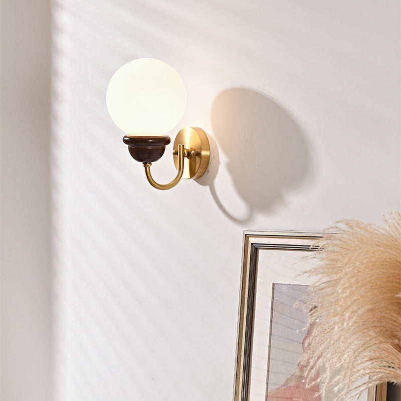 Curved Wood Frame Glass Shade 1-Light Wall Sconce Lamp