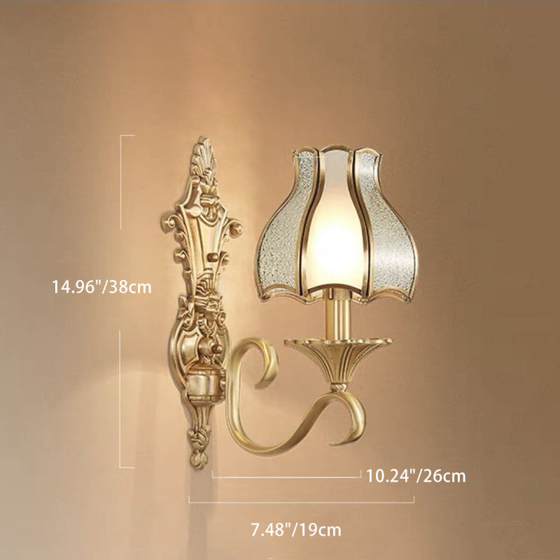 Curved Brass Frame Glass Shade 1/2 Light Wall Sconce Lamp