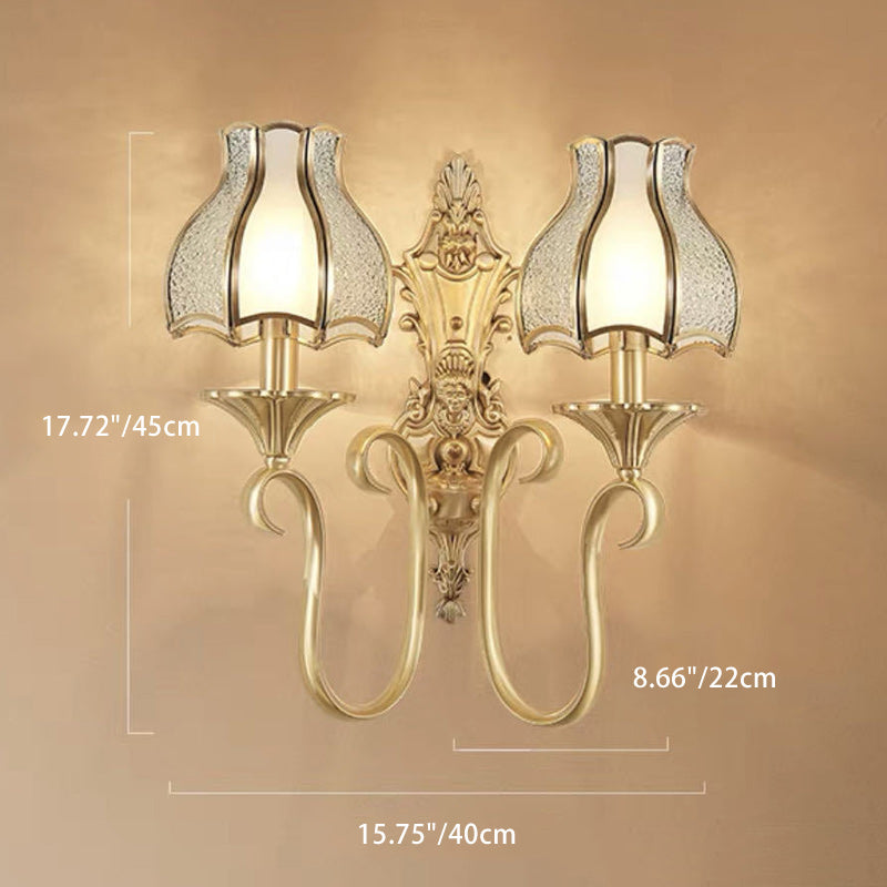 Curved Brass Frame Glass Shade 1/2 Light Wall Sconce Lamp