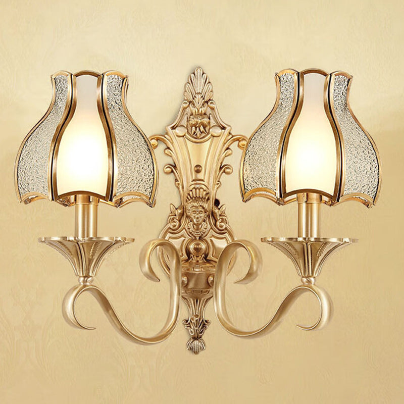 Curved Brass Frame Glass Shade 1/2 Light Wall Sconce Lamp