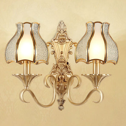 Curved Brass Frame Glass Shade 1/2 Light Wall Sconce Lamp