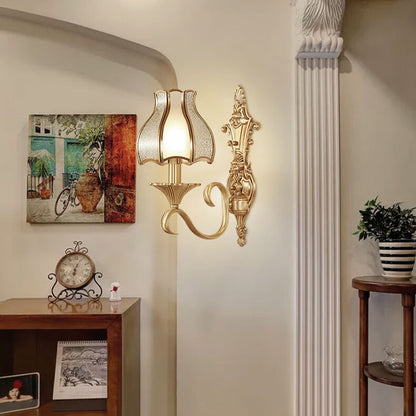 Curved Brass Frame Glass Shade 1/2 Light Wall Sconce Lamp
