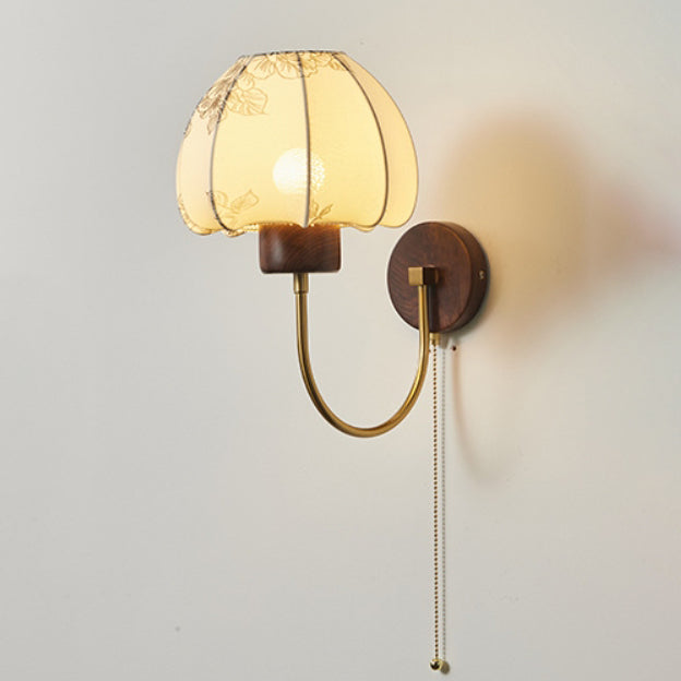 Dome Wood Frame Fabric Shade 1-Light Wall Sconce Lamp