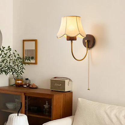 Dome Wood Frame Fabric Shade 1-Light Wall Sconce Lamp
