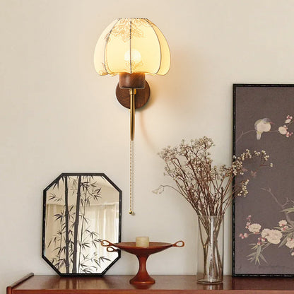 Dome Wood Frame Fabric Shade 1-Light Wall Sconce Lamp