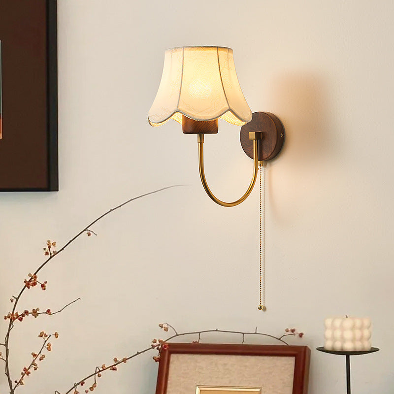 Dome Wood Frame Fabric Shade 1-Light Wall Sconce Lamp