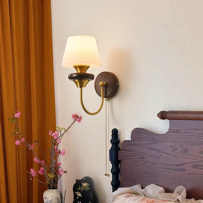 Round Brass Walnut Frame Plastic 1-Light Wall Sconce Lamp