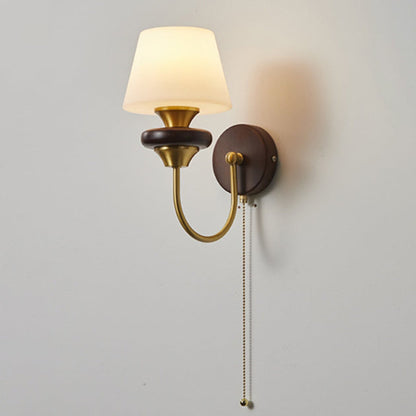 Round Brass Walnut Frame Plastic 1-Light Wall Sconce Lamp