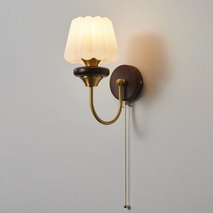 Round Brass Walnut Frame Plastic 1-Light Wall Sconce Lamp