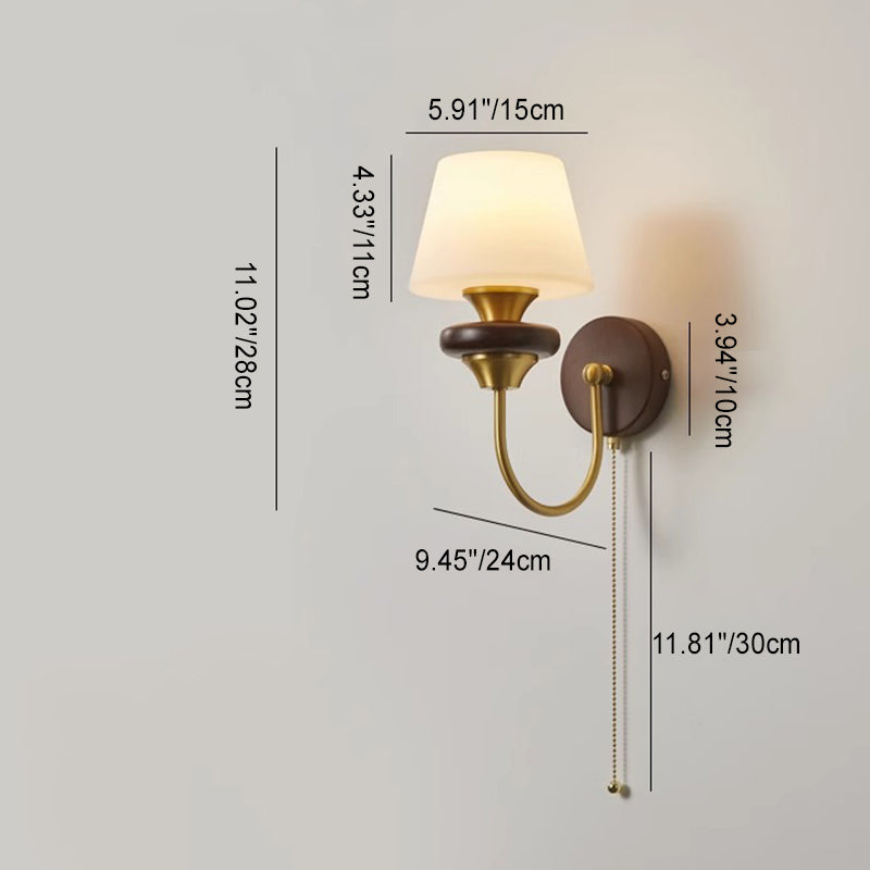 Round Brass Walnut Frame Plastic 1-Light Wall Sconce Lamp