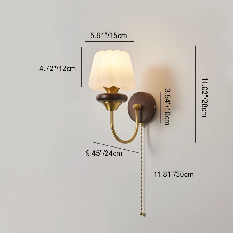 Round Brass Walnut Frame Plastic 1-Light Wall Sconce Lamp