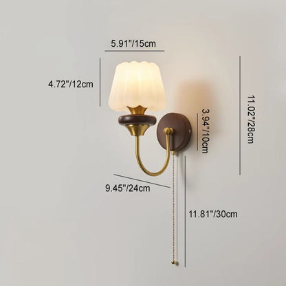 Round Brass Walnut Frame Plastic 1-Light Wall Sconce Lamp