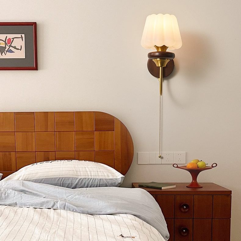 Round Brass Walnut Frame Plastic 1-Light Wall Sconce Lamp