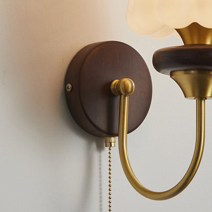 Round Brass Walnut Frame Plastic 1-Light Wall Sconce Lamp