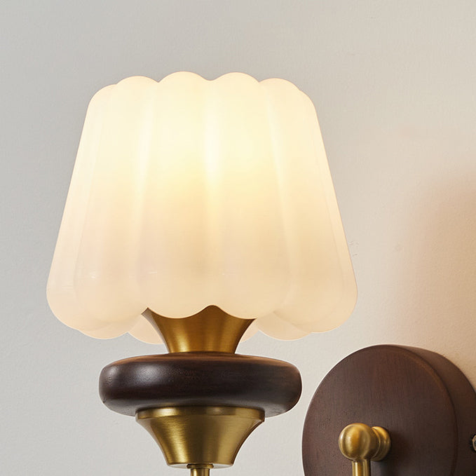 Round Brass Walnut Frame Plastic 1-Light Wall Sconce Lamp