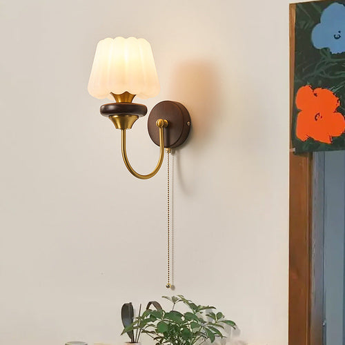 Round Brass Walnut Frame Plastic 1-Light Wall Sconce Lamp