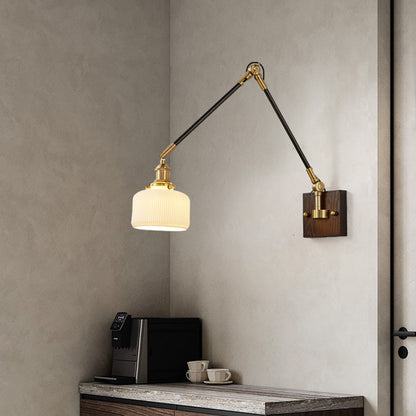Retractable Iron Wood Glass 1-Light Wall Sconce Lamp