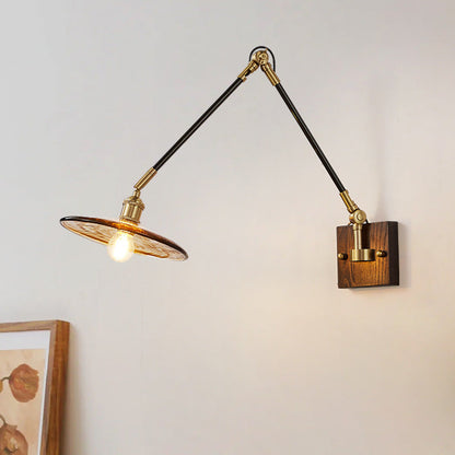 Retractable Iron Wood Glass 1-Light Wall Sconce Lamp