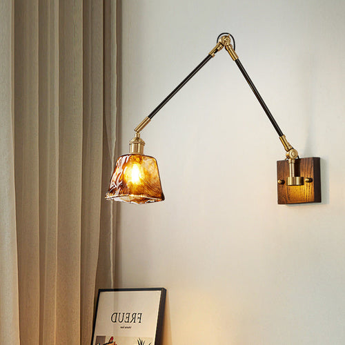 Retractable Iron Wood Glass 1-Light Wall Sconce Lamp