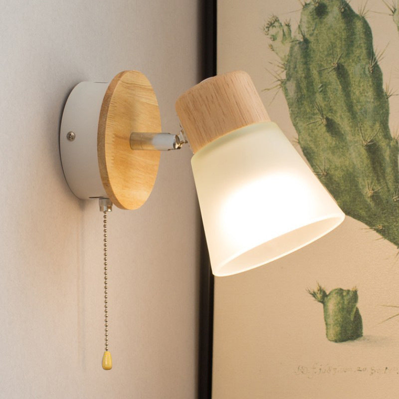 Round Wood Iron Frame Glass Shade 1-Light Wall Sconce Lamp