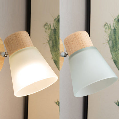 Round Wood Iron Frame Glass Shade 1-Light Wall Sconce Lamp