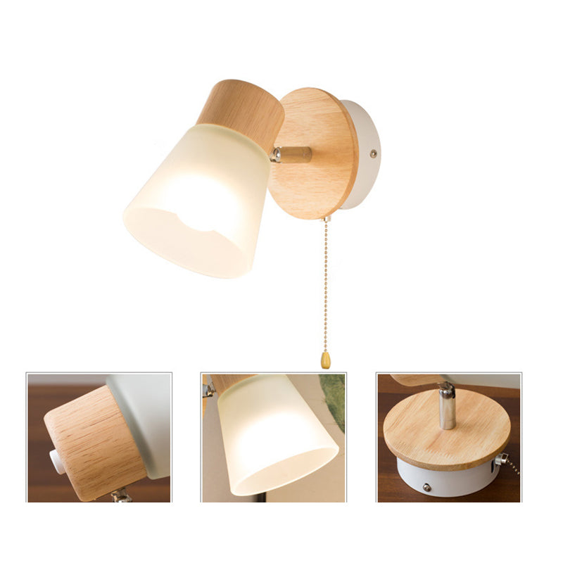Round Wood Iron Frame Glass Shade 1-Light Wall Sconce Lamp