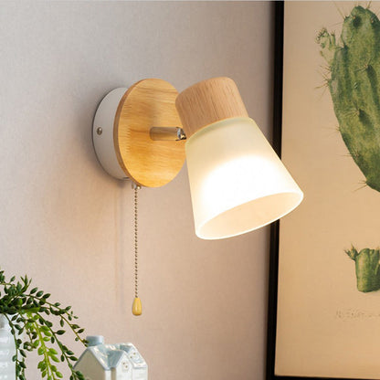 Round Wood Iron Frame Glass Shade 1-Light Wall Sconce Lamp