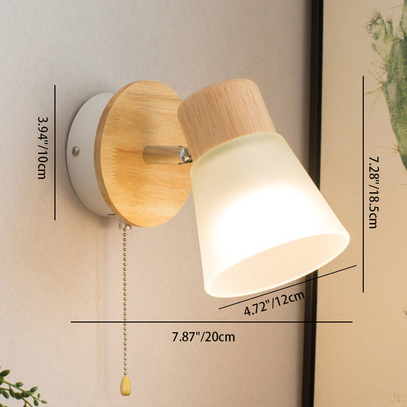 Round Wood Iron Frame Glass Shade 1-Light Wall Sconce Lamp