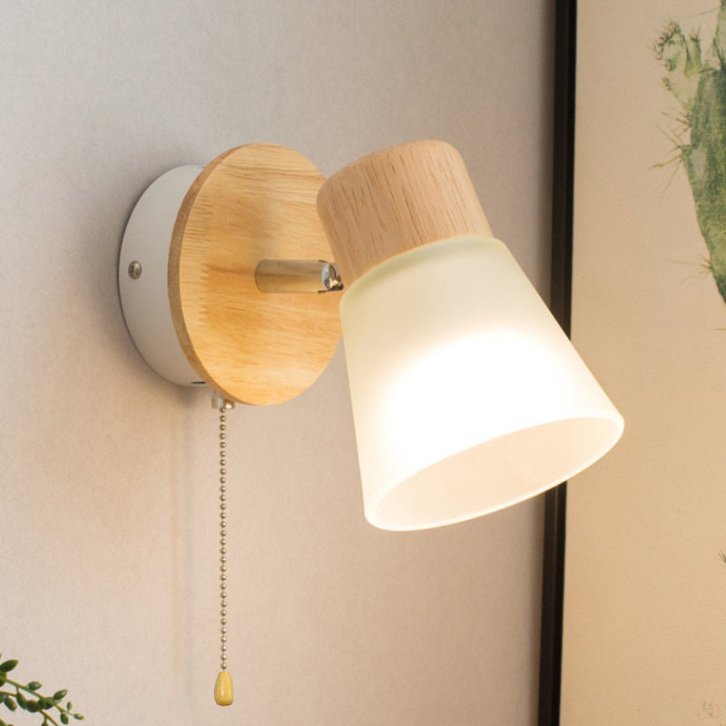 Round Wood Iron Frame Glass Shade 1-Light Wall Sconce Lamp