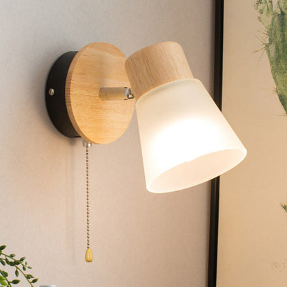 Round Wood Iron Frame Glass Shade 1-Light Wall Sconce Lamp