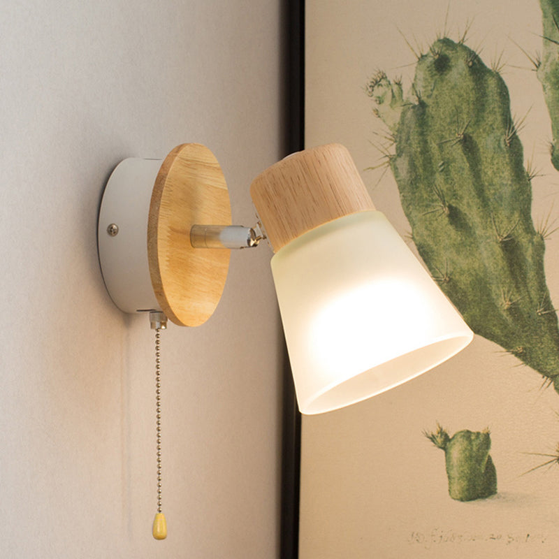 Round Wood Iron Frame Glass Shade 1-Light Wall Sconce Lamp