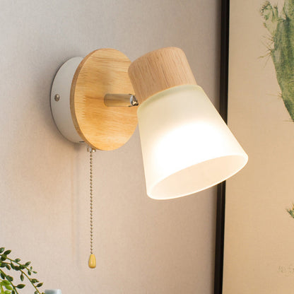 Round Wood Iron Frame Glass Shade 1-Light Wall Sconce Lamp