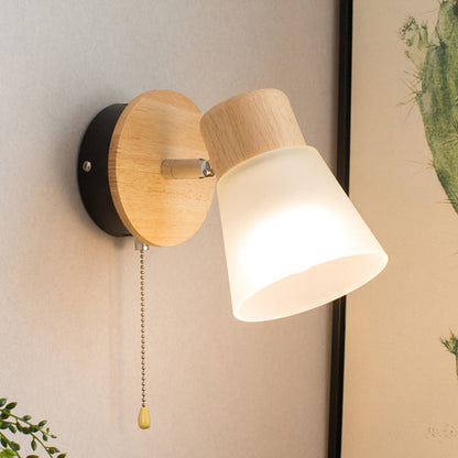 Round Wood Iron Frame Glass Shade 1-Light Wall Sconce Lamp