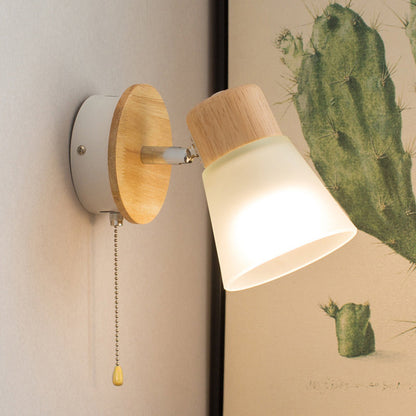 Round Wood Iron Frame Glass Shade 1-Light Wall Sconce Lamp