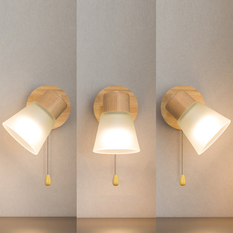 Round Wood Iron Frame Glass Shade 1-Light Wall Sconce Lamp