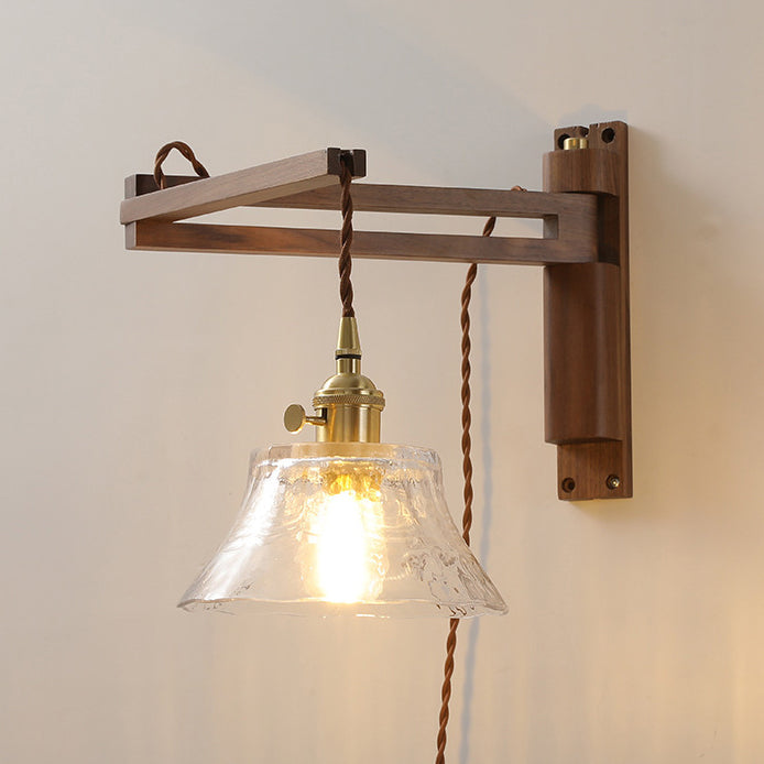 Japanese Wood Frame Glass Shade 1-Light Wall Sconce Lamp