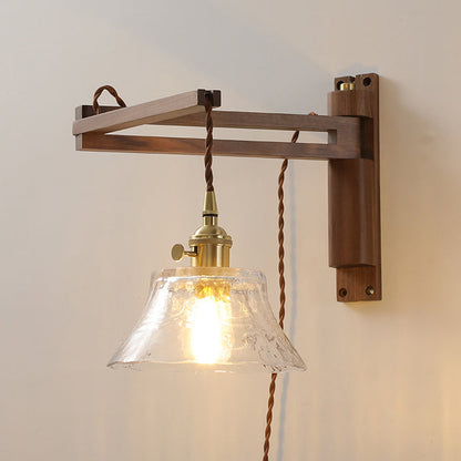 Japanese Wood Frame Glass Shade 1-Light Wall Sconce Lamp