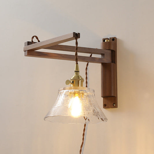 Japanese Wood Frame Glass Shade 1-Light Wall Sconce Lamp