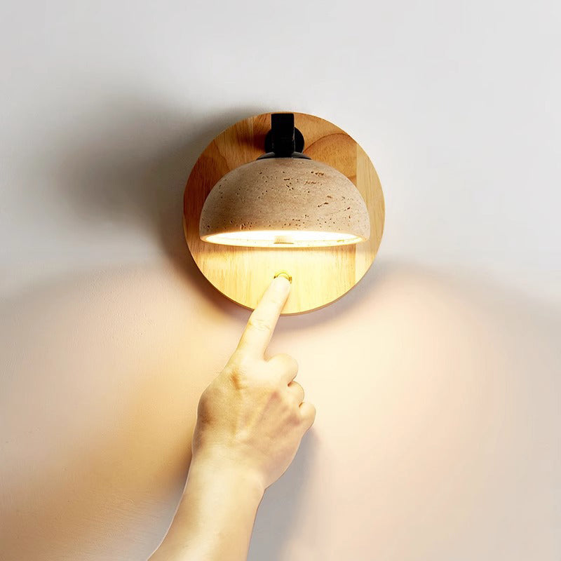 Japanese Travertine Shade Wooden Base LED Wall Sconce Lamp