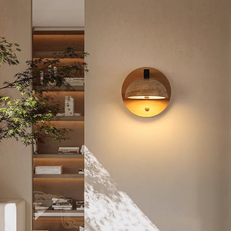 Japanese Travertine Shade Wooden Base LED Wall Sconce Lamp