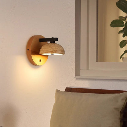 Japanese Travertine Shade Wooden Base LED Wall Sconce Lamp