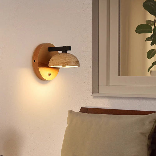 Japanese Travertine Shade Wooden Base LED Wall Sconce Lamp