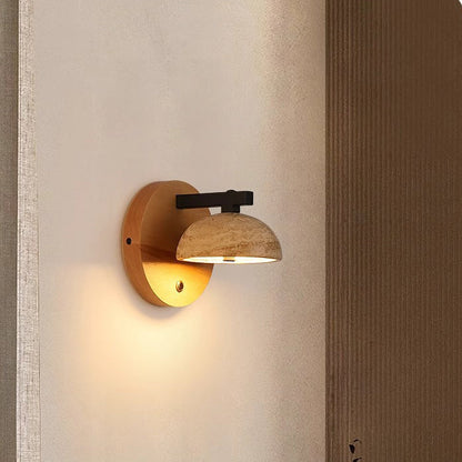Japanese Travertine Shade Wooden Base LED Wall Sconce Lamp